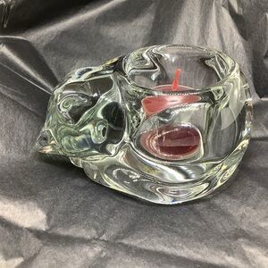 PartyLite Tea Light Holder Sleeping Kitty Clear Glass